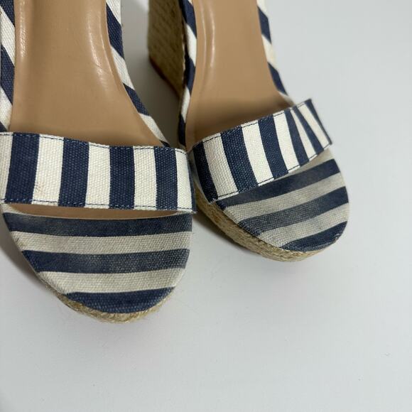 Express Women's Striped Wedge Heels Size 10 Navy White Open Toe Summer Vacation - Picture 11 of 11